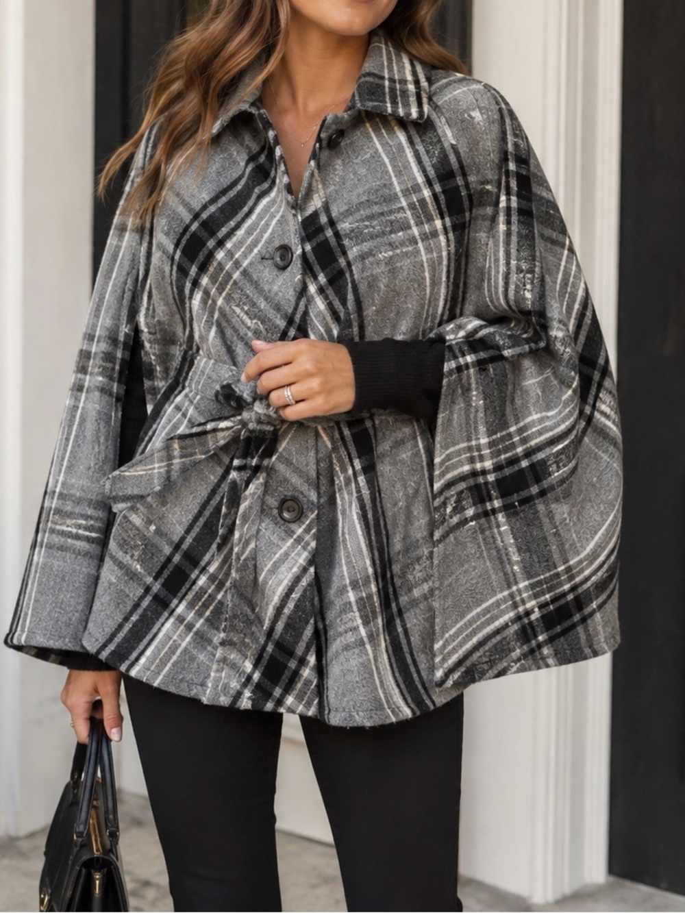 Coco + Carmen Gray and Black Plaid Cape Coat